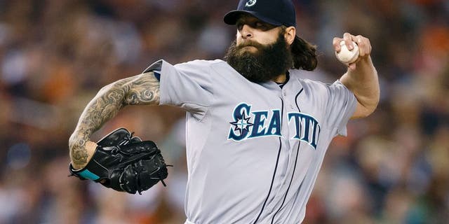 Aug 16, 2014; Detroit, MI, USA; Seattle Mariners relief pitcher Joe Beimel (97) pitches in the seventh inning against the Detroit Tigers at Comerica Park. Mandatory Credit: Rick Osentoski-USA TODAY Sports