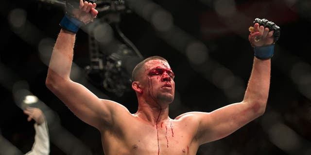 LAS VEGAS, NV - MARCH 5: Nate Diaz celebrates his submission victory over Conor McGregor in their welterweight bout during the UFC 196 in the MGM Grand Garden Arena on March 5, 2016 in Las Vegas, Nevada. (Photo by Brandon Magnus/Zuffa LLC/Zuffa LLC via Getty Images)