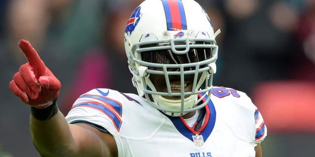 Oct 25, 2015; London, United Kingdom; Buffalo Bills defensive end Mario Williams (94) gestures during 34-31 loss against the Jacksonville Jaguars during NFL International Series game at Wembley Stadium. Mandatory Credit: Kirby Lee-USA TODAY Sports