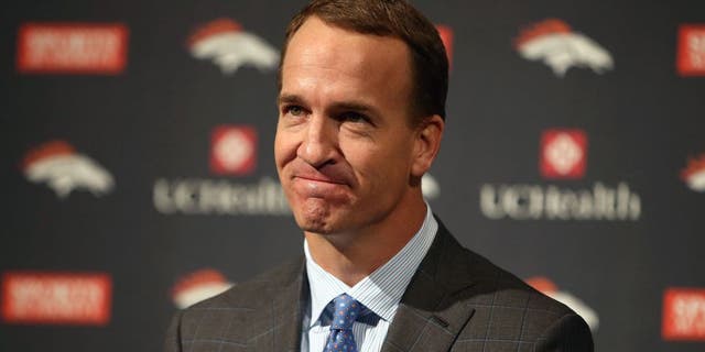 ENGLEWOOD, CO - MARCH 07: Quarterback Peyton Manning reacts as he announces his retirement from the NFL at the UCHealth Training Center on March 7, 2016 in Englewood, Colorado. Manning, who played for both the Indianapolis Colts and Denver Broncos in a career which spanned 18 years, is the NFL's all-time leader in passing touchdowns (539), passing yards (71,940) and tied for regular season QB wins (186). Manning played his final game last month as the winning quarterback in Super Bowl 50 in which the Broncos defeated the Carolina Panthers, earning Manning his second Super Bowl title. (Photo by Doug Pensinger/Getty Images)
