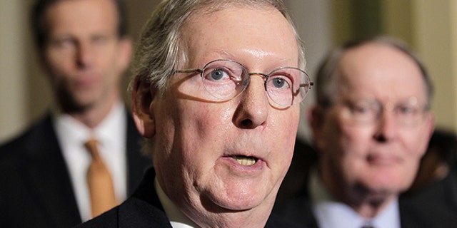 March 8: Senate Republican leader, Mitch McConnell of Kentucky, speaks with reporters following a weekly Republican policy luncheon, on Capitol Hill in Washington.