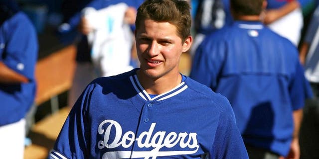 Mar 4, 2015; Phoenix, AZ, USA; Los Angeles Dodgers infielder Corey Seager against the Chicago White Sox during a spring training baseball game at Camelback Ranch. Mandatory Credit: Mark J. Rebilas-USA TODAY Sports