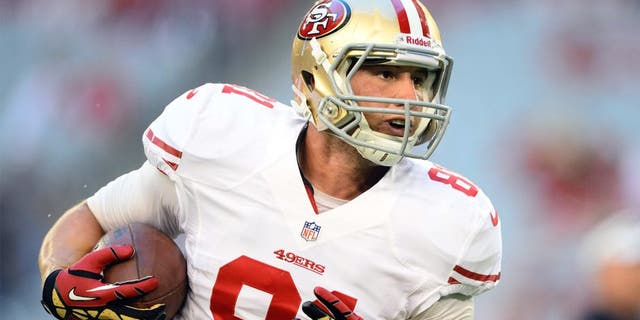 Oct. 29, 2012; Glendale, AZ, USA; San Francisco 49ers tight end Garrett Celek against the Arizona Cardinals at University of Phoenix Stadium. The 49ers defeated the Cardinals 24-3. Mandatory Credit: Mark J. Rebilas-USA TODAY Sports