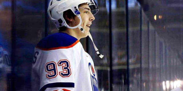 Mar 13, 2015; Columbus, OH, USA; Edmonton Oilers center Ryan Nugent-Hopkins (93) looks on during warmups prior to the game against the Columbus Blue Jackets at Nationwide Arena. Mandatory Credit: Aaron Doster-USA TODAY Sports