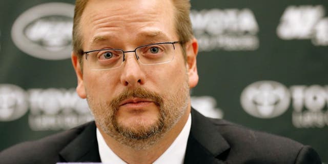 Jan 21, 2015; Florham Park, NJ, USA; New York Jets new general manager Mike Maccagnan speaks during a press conference at Atlantic Health Jets Training Center. Mandatory Credit: William Perlman/NJ Advance Media for NJ.com via USA TODAY Sports