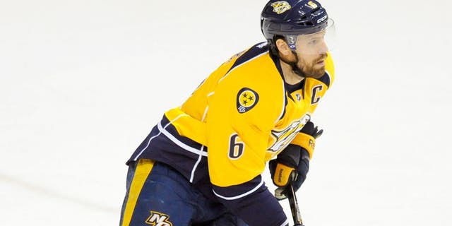 Mar 21, 2015; Nashville, TN, USA; Nashville Predators defenseman Shea Weber (6) skates with the puck during the first period against the Buffalo Sabres at Bridgestone Arena. Mandatory Credit: Christopher Hanewinckel-USA TODAY Sports