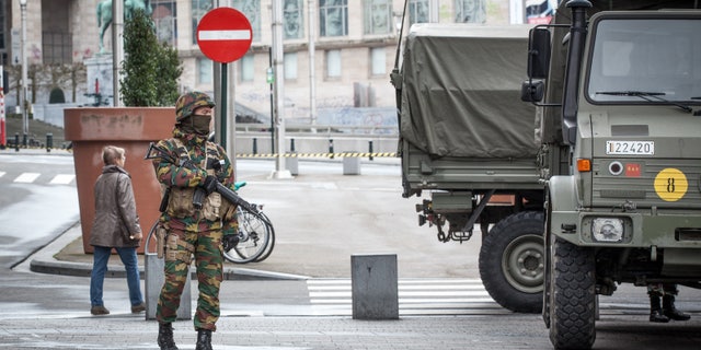 A Belgian soldier on patrol in Brussels after Tuesday's terror attacks.