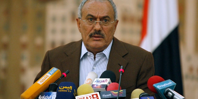 March 18: Yemeni President Ali Abdullah Saleh looks on during a media conference in Sanaa, Yemen.