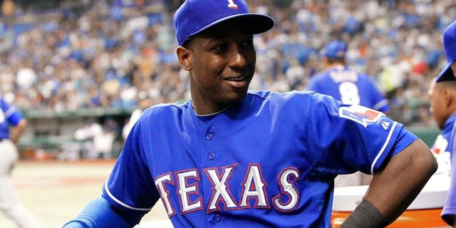 Sep 18, 2013; St. Petersburg, FL, USA; Texas Rangers second baseman Jurickson Profar (13) against the Tampa Bay Rays at Tropicana Field. Mandatory Credit: Kim Klement-USA TODAY Sports