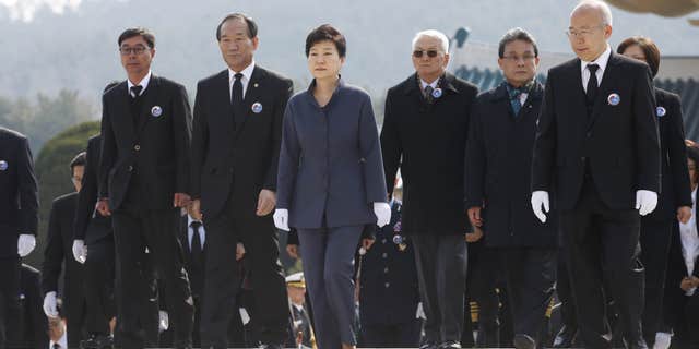 March 25, 2016: South Korean President Park Geun-hye, center, attends "West Sea Protection Day," a memorial and national security awareness ceremony at Daejeon National Cemetery in Daejeon, South Korea.