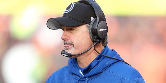 Dec 7, 2014; Cleveland, OH, USA; Indianapolis Colts head coach Chuck Pagano against the Cleveland Browns at FirstEnergy Stadium. The Cots won 25-24. Mandatory Credit: Ron Schwane-USA TODAY Sports