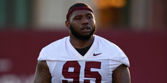 Mar 8, 2016; Los Angeles, CA, USA; Southern California Trojans defensive tackle Kenny Bigelow Jr. (95) during spring practice at Howard Jones Field. Mandatory Credit: Kirby Lee-USA TODAY Sports