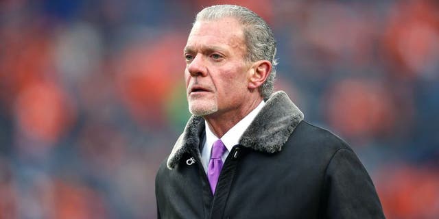 Jan 11, 2015; Denver, CO, USA; Indianapolis Colts owner Jim Irsay in the 2014 AFC Divisional playoff football game at Sports Authority Field at Mile High. Mandatory Credit: Chris Humphreys-USA TODAY Sports