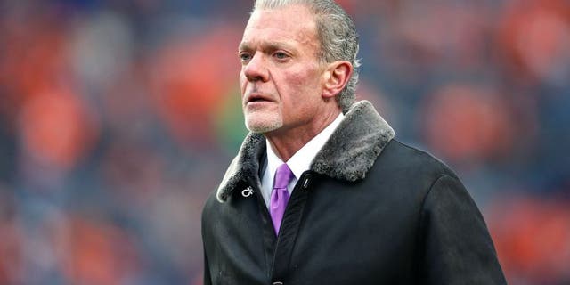 Jan 11, 2015; Denver, CO, USA; Indianapolis Colts owner Jim Irsay in the 2014 AFC Divisional playoff football game at Sports Authority Field at Mile High. Mandatory Credit: Chris Humphreys-USA TODAY Sports