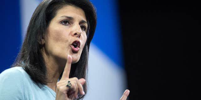 FILE - In this Jan. 9, 2016 file photo, South Carolina Gov. Nikki Haley speaks to the crowd at the Kemp Forum in Columbia, S.C.
