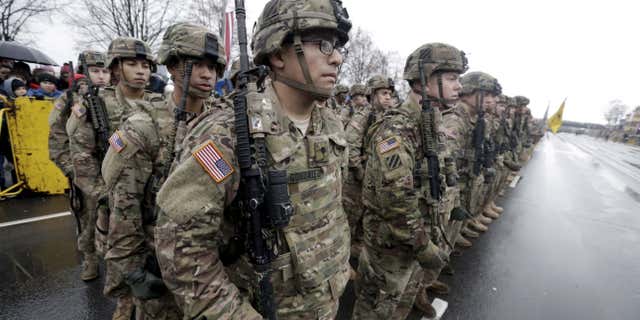 Nov. 18, 2015: U.S. troops participate in Latvia's Independence Day military parade in Riga.