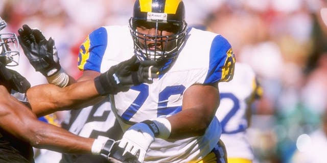 28 Sep 1997: Offensive lineman Orlando Pace #76 of the St. Louis Rams in action during the Rams 35-17 loss to the Oakland Raiders at UMAX Stadium in Oakland, California. Mandatory Credit: Todd Warshaw /Allsport