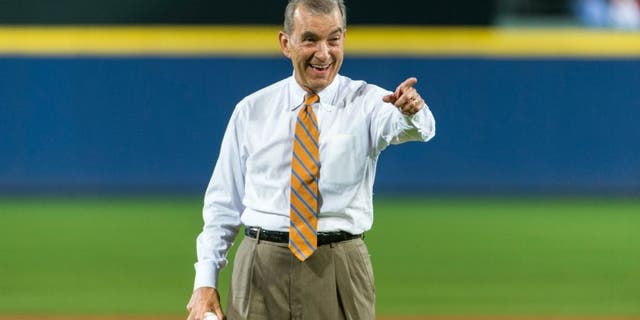 ATLANTA, GA - APRIL 10: John Schuerholz throws out the ceremonial first pitch before the game against the New York Mets at Turner Field on April 10, 2015 in Atlanta, Georgia. The Braves won 5-3. (Photo by Patrick Duffy/Pouya Creative/Atlanta Braves) *** Local Caption *** John Schuerholz,ATLANTA, GA - APRIL 10: John Schuerholz throws out the ceremonial first pitch before the game against the New York Mets at Turner Field on April 10, 2015 in Atlanta, Georgia. The Braves won 5-3. (Photo by Patrick Duffy/Atlanta Braves/Getty Images)