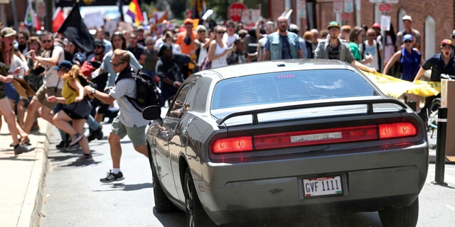 The car ramming into the crowd in Charlottesville on Saturday.