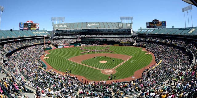 May 11, 2014; Oakland, CA, USA; General view of O.co Coliseum with breast cancer awareness supporters on the field letting go pink balloons before the game between the Oakland Athletics and the Washington Nationals. Mandatory Credit: Kyle Terada-USA TODAY Sports