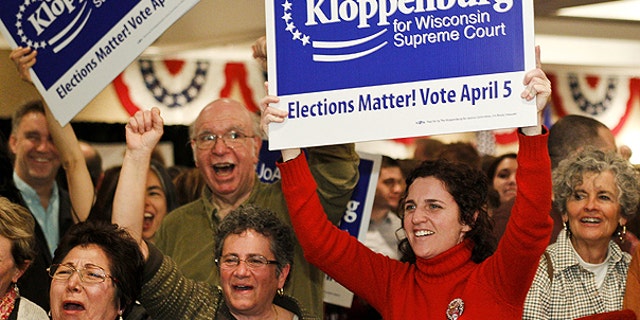 FILE: This April 2011 photo shows supporters for Wisconsin Supreme Court candidate JoAnne Kloppenburg in Madison, Wis. On May 31 Kloppenburg conceded to incumbent Justice David Prosser.
