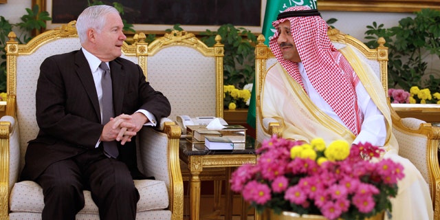 April 6: U.S.  Defense Secretary Robert Gates, left, talks with Saudi Assistant Minister of Defense and Aviation Prince Khalid bin Sultan during a  ceremony in Riyadh, Saudi Arabia.