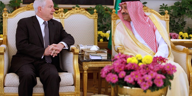 April 6: U.S. Defense Secretary Robert Gates, left, talks with Saudi Assistant Minister of Defense and Aviation Prince Khalid bin Sultan during a ceremony in Riyadh, Saudi Arabia.