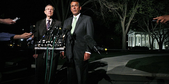 April 6: House Speaker John Boehner, R-Ohio and Senate Majority Leader Harry Reid, D-Nev., speak to reporters after their meeting at the White House in Washington with President Obama regarding the budget and possible government shutdown.