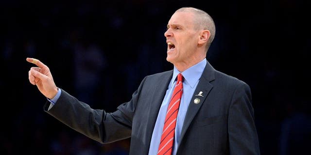 Apr 4, 2014; Los Angeles, CA, USA; Dallas Mavericks coach Rick Carlisle reacts during the first half against the Los Angeles Lakers at Staples Center. Mandatory Credit: Kirby Lee-USA TODAY Sports