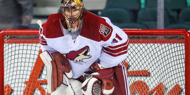 Apr 7, 2015; Calgary, Alberta, CAN; Arizona Coyotes goalie Mike Smith (41) guards his net during the warmup period against the Calgary Flames at Scotiabank Saddledome. Mandatory Credit: Sergei Belski-USA TODAY Sports