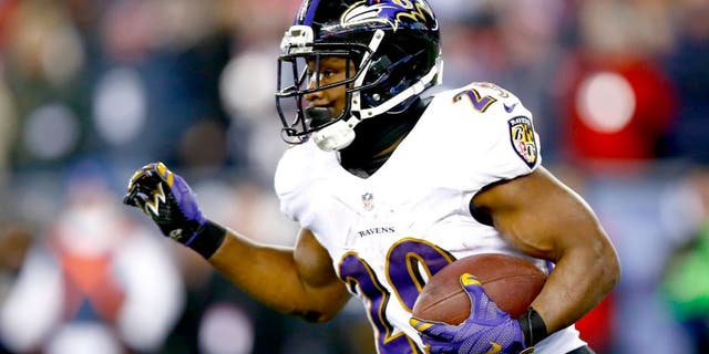 FOXBORO, MA - JANUARY 10: Justin Forsett #29 of the Baltimore Ravens carries the ball during the second half of the 2015 AFC Divisional Playoffs game against the New England Patriots at Gillette Stadium on January 10, 2015 in Foxboro, Massachusetts. (Photo by Jared Wickerham/Getty Images)