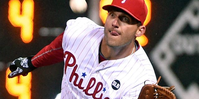 Apr 8, 2015; Philadelphia, PA, USA; Philadelphia Phillies right fielder Jeff Francoeur (3) makes a catch in the eighth inning against the Boston Red Sox at Citizens Bank Park. The Phillies defeated the Red Sox, 4-2. Mandatory Credit: Eric Hartline-USA TODAY Sports