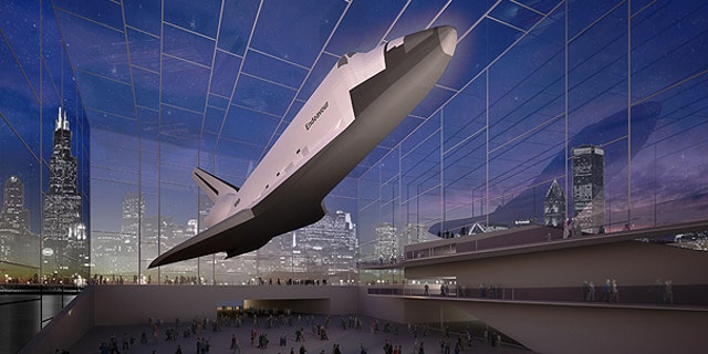 April 7: This image provided by the Adler Planetarium shows a proposal for a space shuttle exhibit in Chicago.