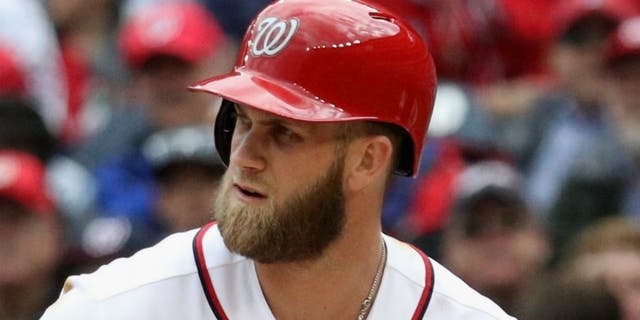 Bryce Harper #34 of the Washington Nationals bats against the Miami Marlins during the Nationals opening day game at Nationals Park on April 7, 2016 in Washington, DC. (Photo by Rob Carr/Getty Images)