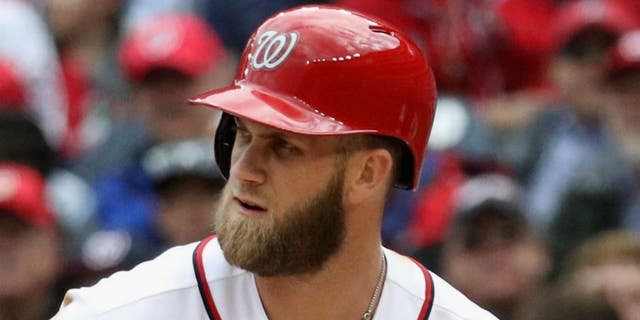 Bryce Harper #34 of the Washington Nationals bats against the Miami Marlins during the Nationals opening day game at Nationals Park on April 7, 2016 in Washington, DC. (Photo by Rob Carr/Getty Images)