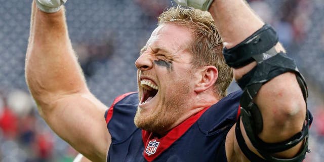 HOUSTON, TX - JANUARY 03: J.J. Watt #99 of the Houston Texans celebrates as he walks off the field after beating the Jacksonville Jaguars at NRG Stadium on January 3, 2016 in Houston, Texas. (Photo by Bob Levey/Getty Images)