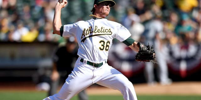 OAKLAND, CA - APRIL 12: Tyler Clippard #36 of the Oakland Athletics pitches against the Seattle Mariners in the top of the tenth inning at O.co Coliseum on April 12, 2015 in Oakland, California. (Photo by Thearon W. Henderson/Getty Images)