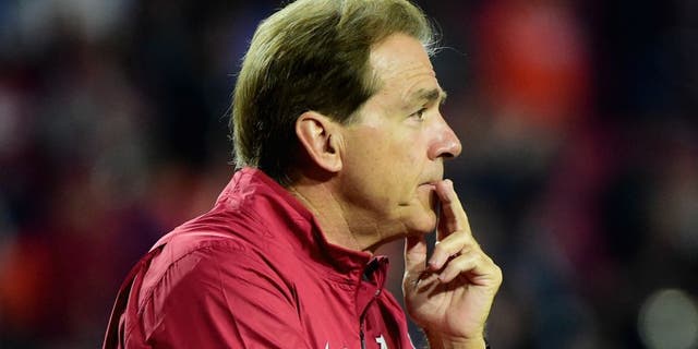 during the 2016 College Football Playoff National Championship Game at University of Phoenix Stadium on January 11, 2016 in Glendale, Arizona.,GLENDALE, AZ - JANUARY 11: Head coach Nick Saban of the Alabama Crimson Tide looks on prior to the 2016 College Football Playoff National Championship Game against the Clemson Tigers at University of Phoenix Stadium on January 11, 2016 in Glendale, Arizona. (Photo by Harry How/Getty Images)