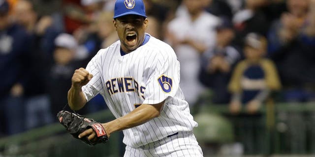 MILWAUKEE, WI - APRIL 12: Francisco Rodriguez #57 of the Milwaukee Brewers celebrates after the 3-2 win over the Pittsburgh Pirates at Miller Park on April 12, 2014 in Milwaukee, Wisconsin. (Photo by Mike McGinnis/Getty Images)