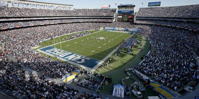 Nov. 16, 2014: This is a file photo showing a general view of the San Diego Chargers playing against the Oakland Raiders during the first half of an NFL football game at Qualcomm Stadium in San Diego.