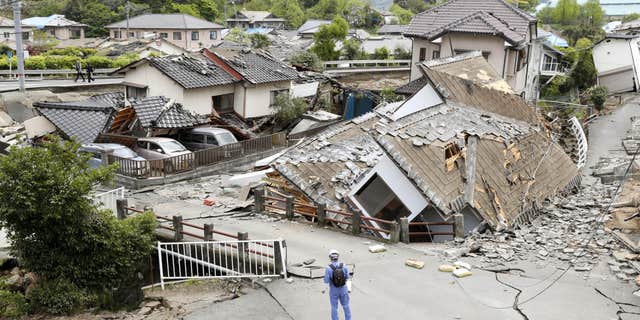 Resident houses are seen destroyed after an earthquake in Mashiki, Kumamoto prefecture, southern Japan.
