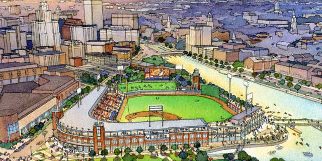 April 15, 2015: This architectural rendering released by the Pawtucket Red Sox shows the team's proposed new multi-use ballpark on former highway land now owned by the state and Brown University in Providence, R.I.
