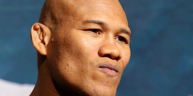NEW YORK, NY - APRIL 16: Jacare Souza speaks to media and fans during the Ultimate Media Day at the Best Buy Theater on April 16, 2015 in New York, New York. (Photo by Ed Mulholland/Zuffa LLC/Zuffa LLC via Getty Images)
