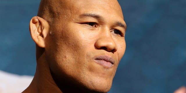 NEW YORK, NY - APRIL 16: Jacare Souza speaks to media and fans during the Ultimate Media Day at the Best Buy Theater on April 16, 2015 in New York, New York. (Photo by Ed Mulholland/Zuffa LLC/Zuffa LLC via Getty Images)