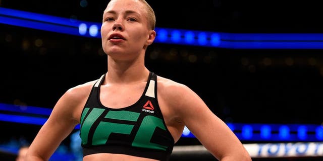 TAMPA, FL - APRIL 16: Rose Namajunas celebrates her victory over Tecia Torreshug after their women's strawweight bout during the UFC Fight Night event at Amalie Arena on April 16, 2016 in Tampa, Florida. (Photo by Jeff Bottari/Zuffa LLC/Zuffa LLC via Getty Images)