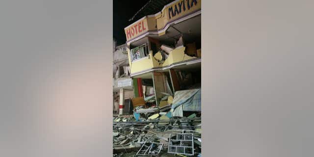 April 16, 2016: An hotel barely stands after an earthquake in the town of Manta, Ecuador.