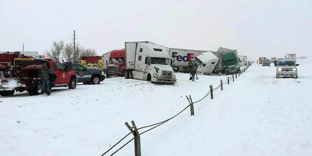 April 16, 2015: Photo released by the Wyoming Highway Patrol shows a vehicle pileup west of Cheyenne, Wyo.