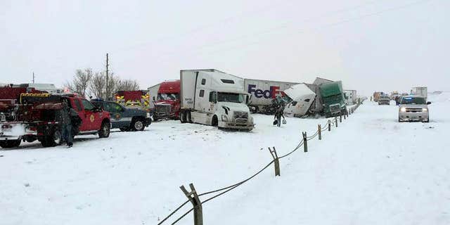April 16, 2015: Photo released by the Wyoming Highway Patrol shows a vehicle pileup west of Cheyenne, Wyo.