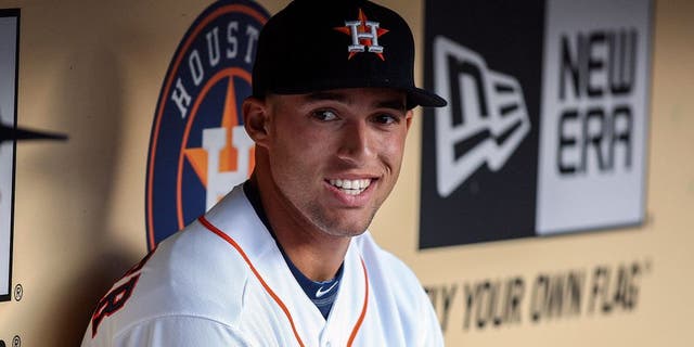 Apr 16, 2014; Houston, TX, USA; Houston Astros right fielder George Springer (4) sits in the dugout before a game against the Kansas City Royals at Minute Maid Park. Mandatory Credit: Troy Taormina-USA TODAY Sports