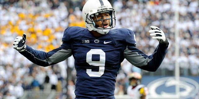 Nov 1, 2014; University Park, PA, USA; Penn State Nittany Lions cornerback Jordan Lucas (9) gestures to the crowd against the Maryland Terrapins during the fourth quarter at Beaver Stadium. Maryland defeated Penn State 20-19. Mandatory Credit: Rich Barnes-USA TODAY Sports